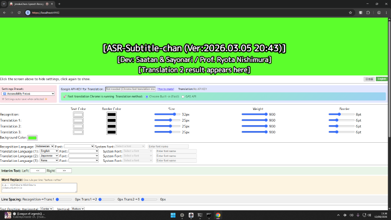 jimakuChan V2 settings page open in Chrome with the subtitle preview at the top
